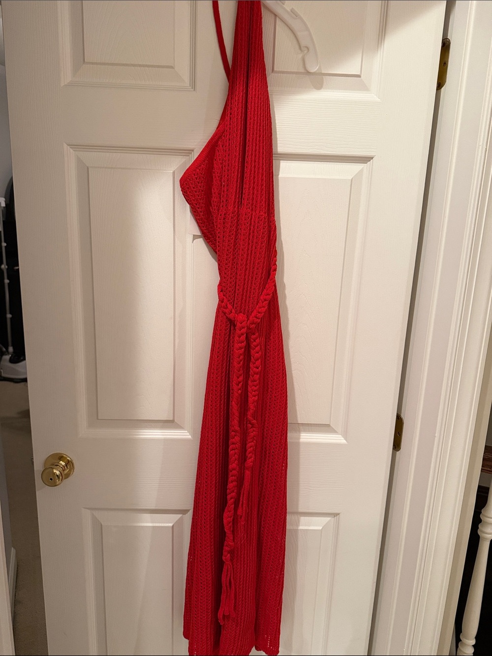 Red Knit Halter Maxi Dress with Braided Waist Detail
